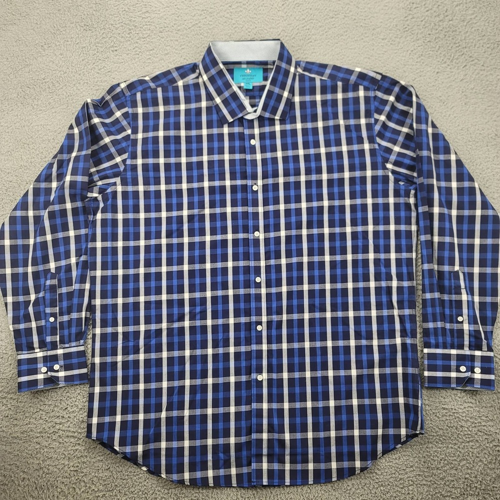 Christian Aujard Shirt Mens 2XL Blue Plaid Long‎ Sleeve Button Up